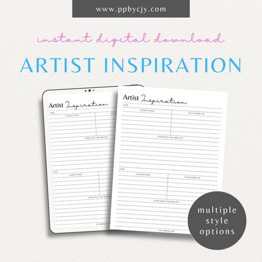 Artist Inspiration Log Printable Template – Digital Download for Recording and Tracking Creative Ideas