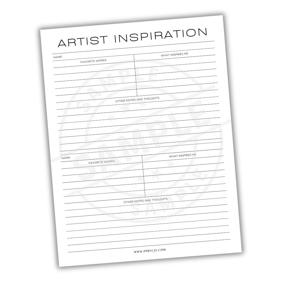 Sheet of paper titled 'Artist Inspiration' with columns for name, favorite works, and other notes.