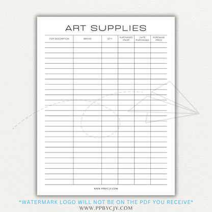 Art Material Supply Inventory Printable PDF Template for Tracking Art Supplies