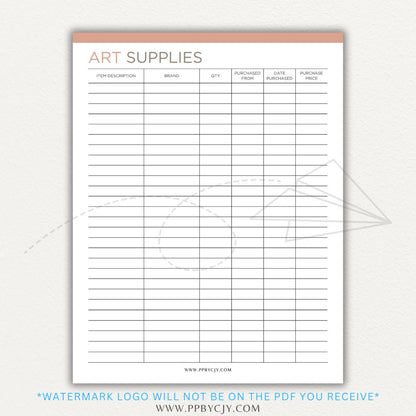 Art Material Supply Inventory Printable PDF Template for Tracking Art Supplies