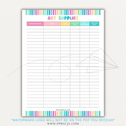 Art Material Supply Inventory Printable PDF Template for Tracking Art Supplies