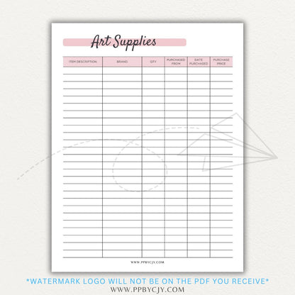 Art Material Supply Inventory Printable PDF Template for Tracking Art Supplies