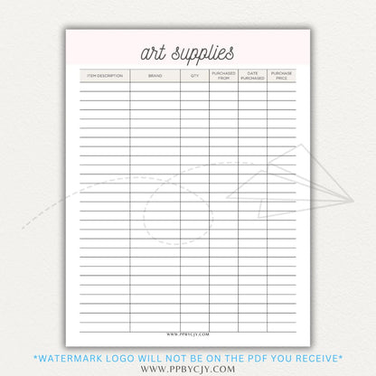 Art Material Supply Inventory Printable PDF Template for Tracking Art Supplies
