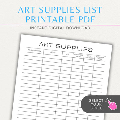Art Material Supply Inventory Printable PDF Template for Tracking Art Supplies