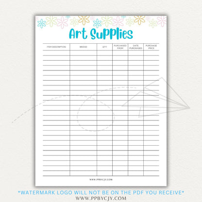 Art Material Supply Inventory Printable PDF Template for Tracking Art Supplies