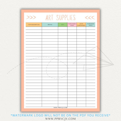 Art Material Supply Inventory Printable PDF Template for Tracking Art Supplies