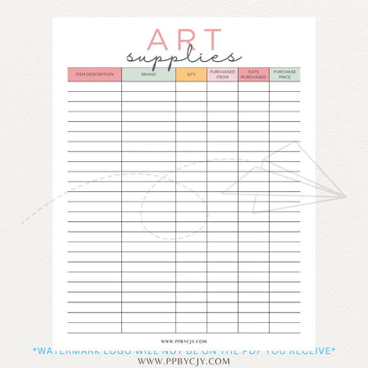 Art Material Supply Inventory Printable PDF Template for Tracking Art Supplies