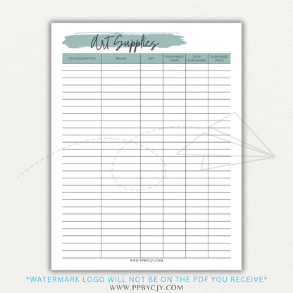 Art Material Supply Inventory Printable PDF Template for Tracking Art Supplies