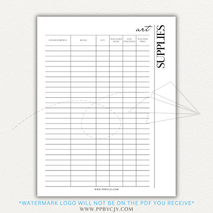 Art Material Supply Inventory Printable PDF Template for Tracking Art Supplies