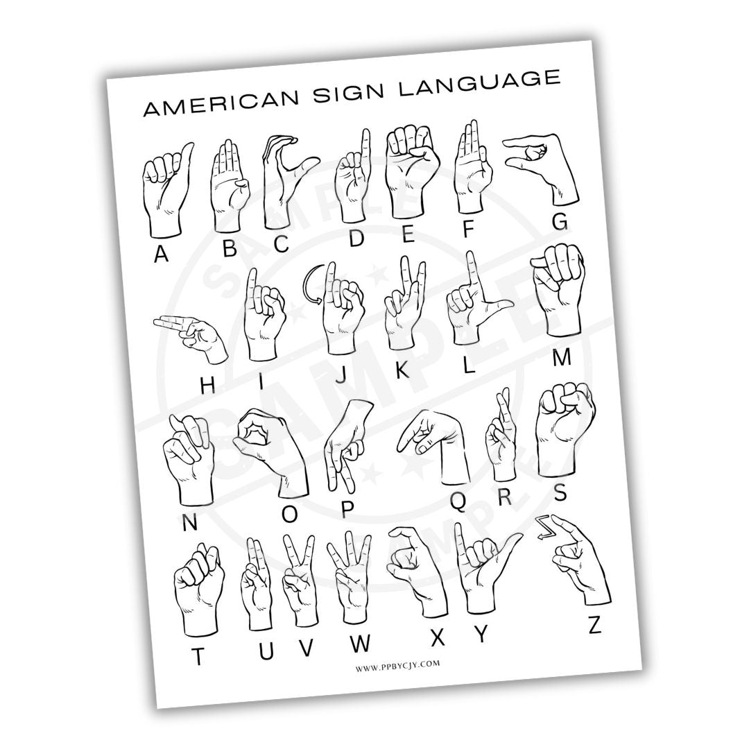 American Sign Language (ASL) chart with hand gestures for letters A to Z on a white background.