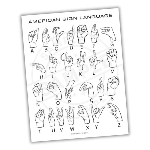 American Sign Language (ASL) chart with hand gestures for letters A to Z on a white background.