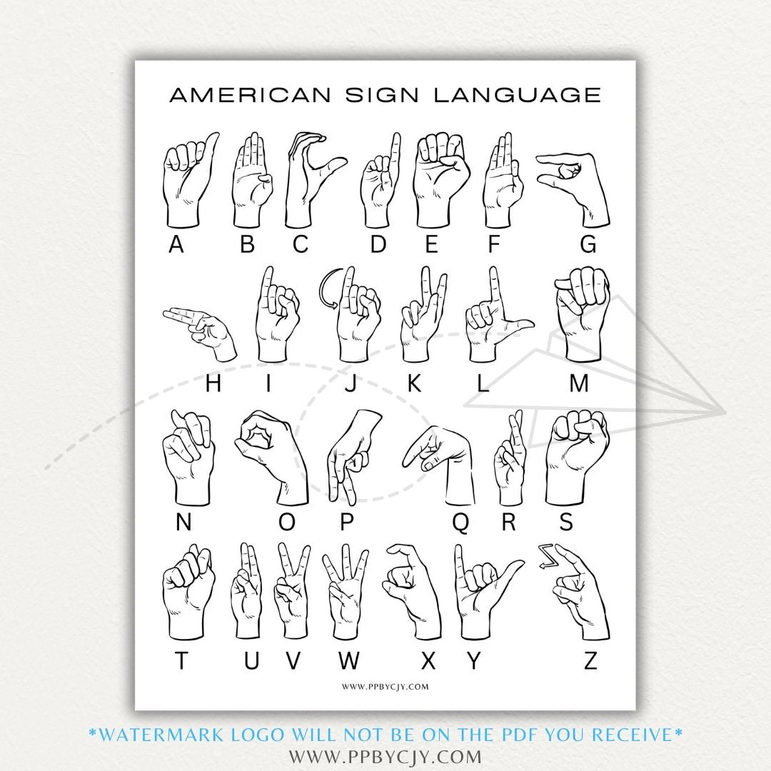 ASL Alphabet Printable PDF Template with clear hand illustrations for each letter of the alphabet.