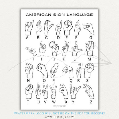 ASL Alphabet Printable PDF Template with clear hand illustrations for each letter of the alphabet.