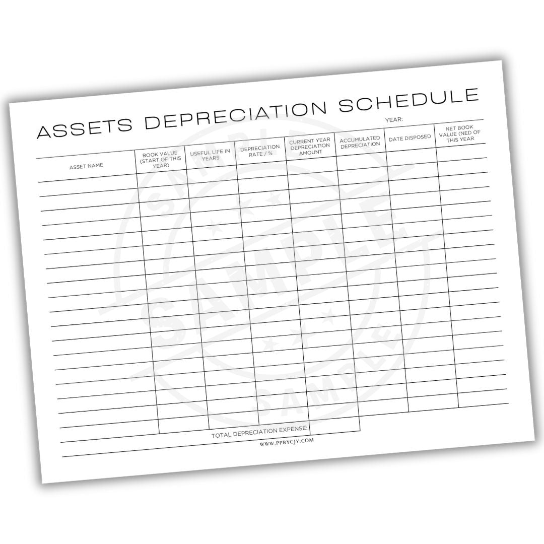 Assets depreciation schedule form on a white background