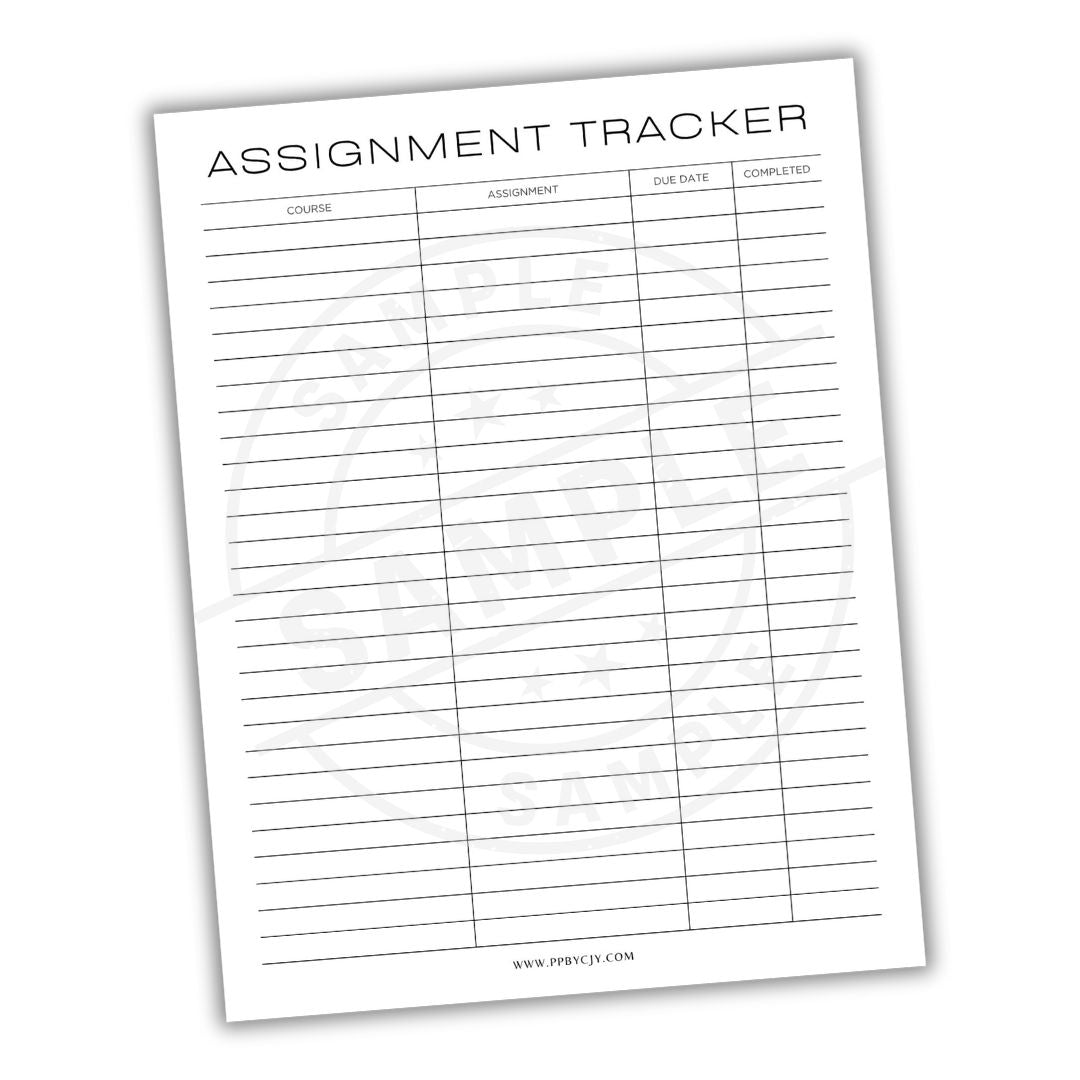 Assignment tracker sheet with columns for course, assignment, due date, and completed status.
