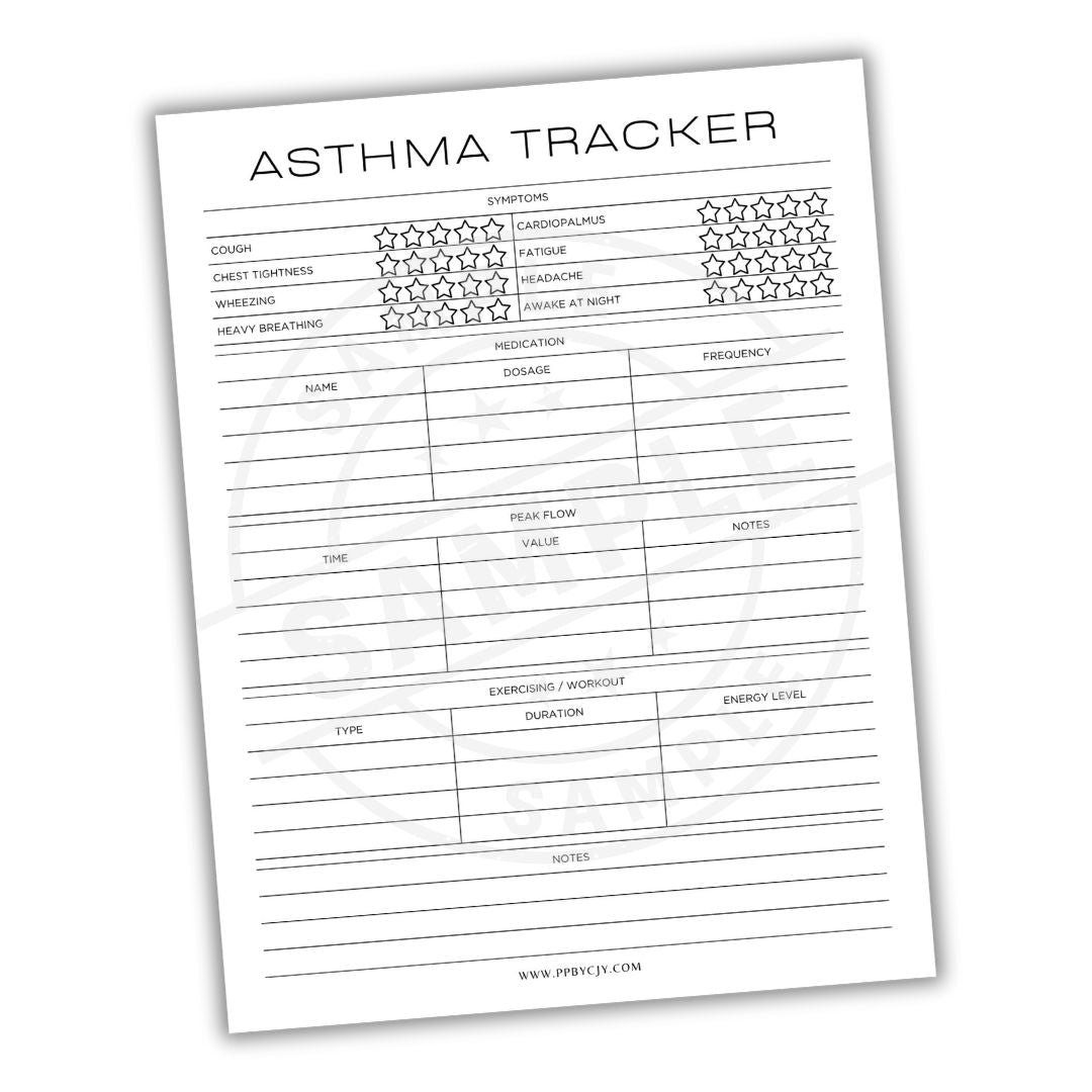 Asthma tracker sheet with checkboxes and text on a white background