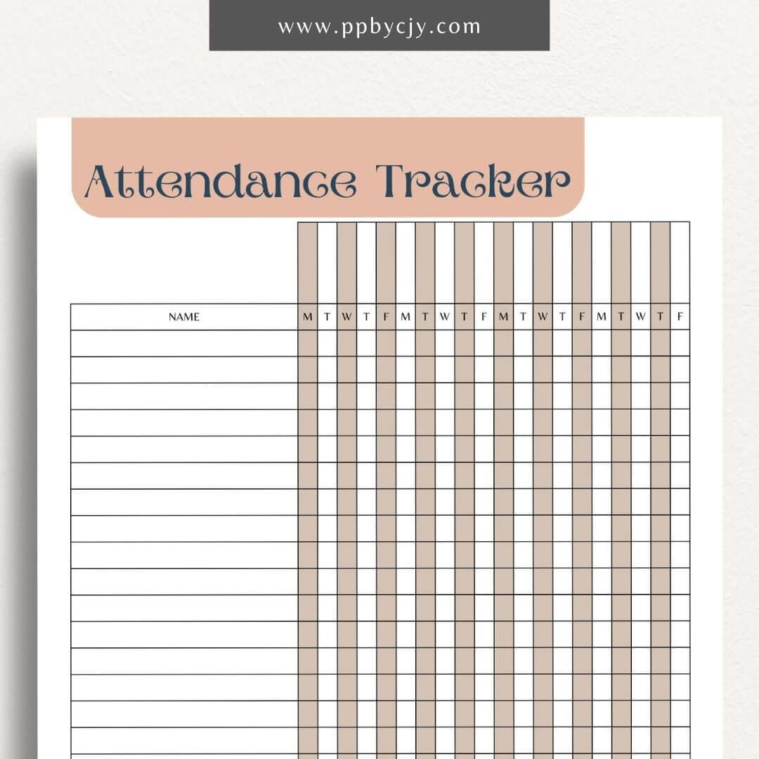 Student Attendance Tracker Printable Template – Digital Download for Monitoring Student Attendance with sections for dates, student names, attendance status, and notes.