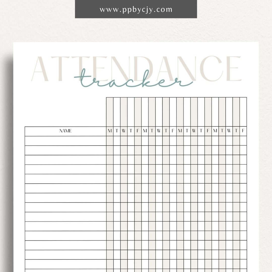 Student Attendance Tracker Printable Template – Digital Download for Monitoring Student Attendance with sections for dates, student names, attendance status, and notes.