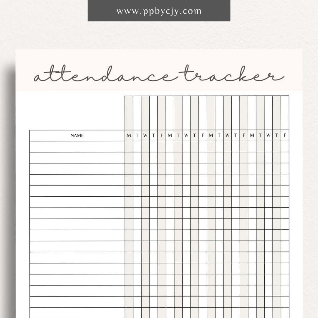 Student Attendance Tracker Printable Template – Digital Download for Monitoring Student Attendance with sections for dates, student names, attendance status, and notes.