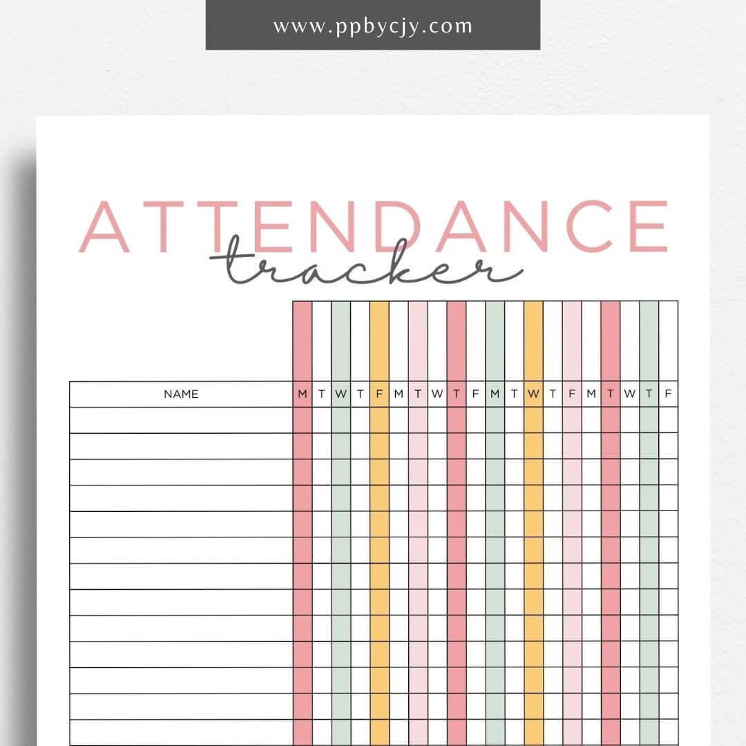 Student Attendance Tracker Printable Template – Digital Download for Monitoring Student Attendance with sections for dates, student names, attendance status, and notes.