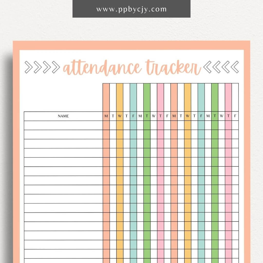 Student Attendance Tracker Printable Template – Digital Download for Monitoring Student Attendance with sections for dates, student names, attendance status, and notes.