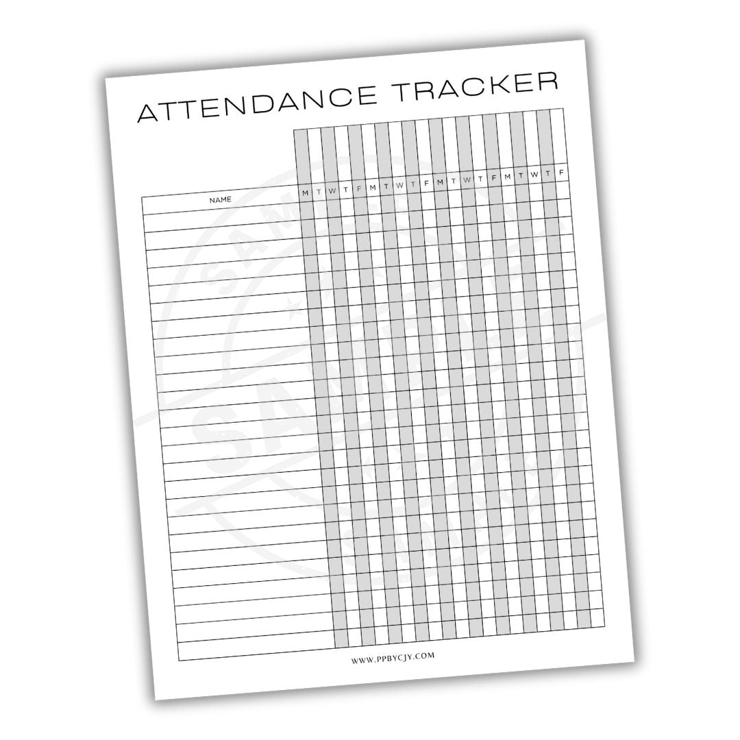 Attendance tracker sheet with grid layout on a white background