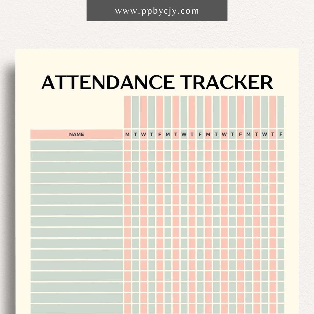 Student Attendance Tracker Printable Template – Digital Download for Monitoring Student Attendance with sections for dates, student names, attendance status, and notes.