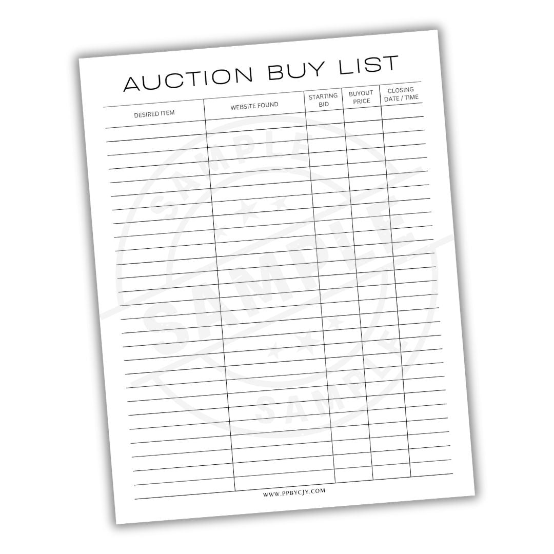 Auction buy list sheet with columns for details on a white background