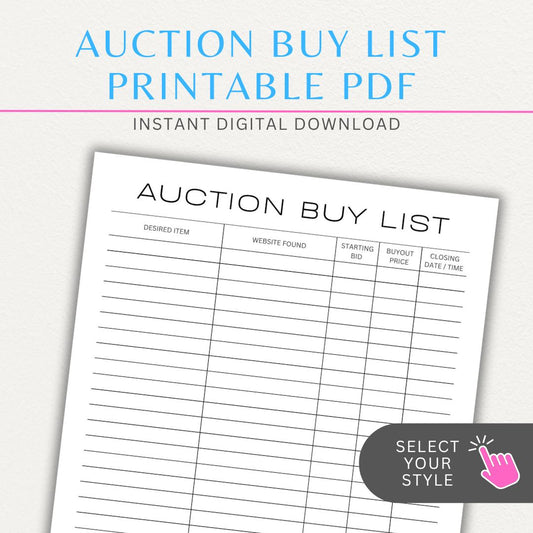 Auction Buy List Printable PDF Template with sections for items, bids, final prices, and seller details.
