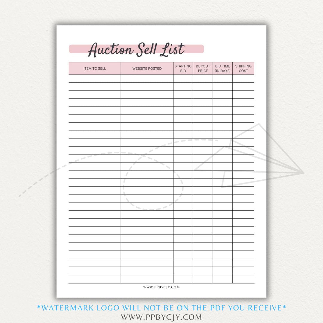 Auction Sell List Printable PDF Template featuring item descriptions, starting bids, final prices, and buyer details.

