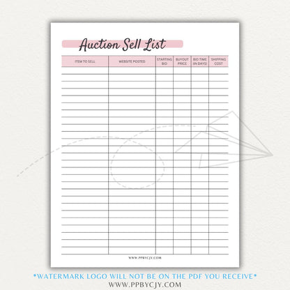 Auction Sell List Printable PDF Template featuring item descriptions, starting bids, final prices, and buyer details.

