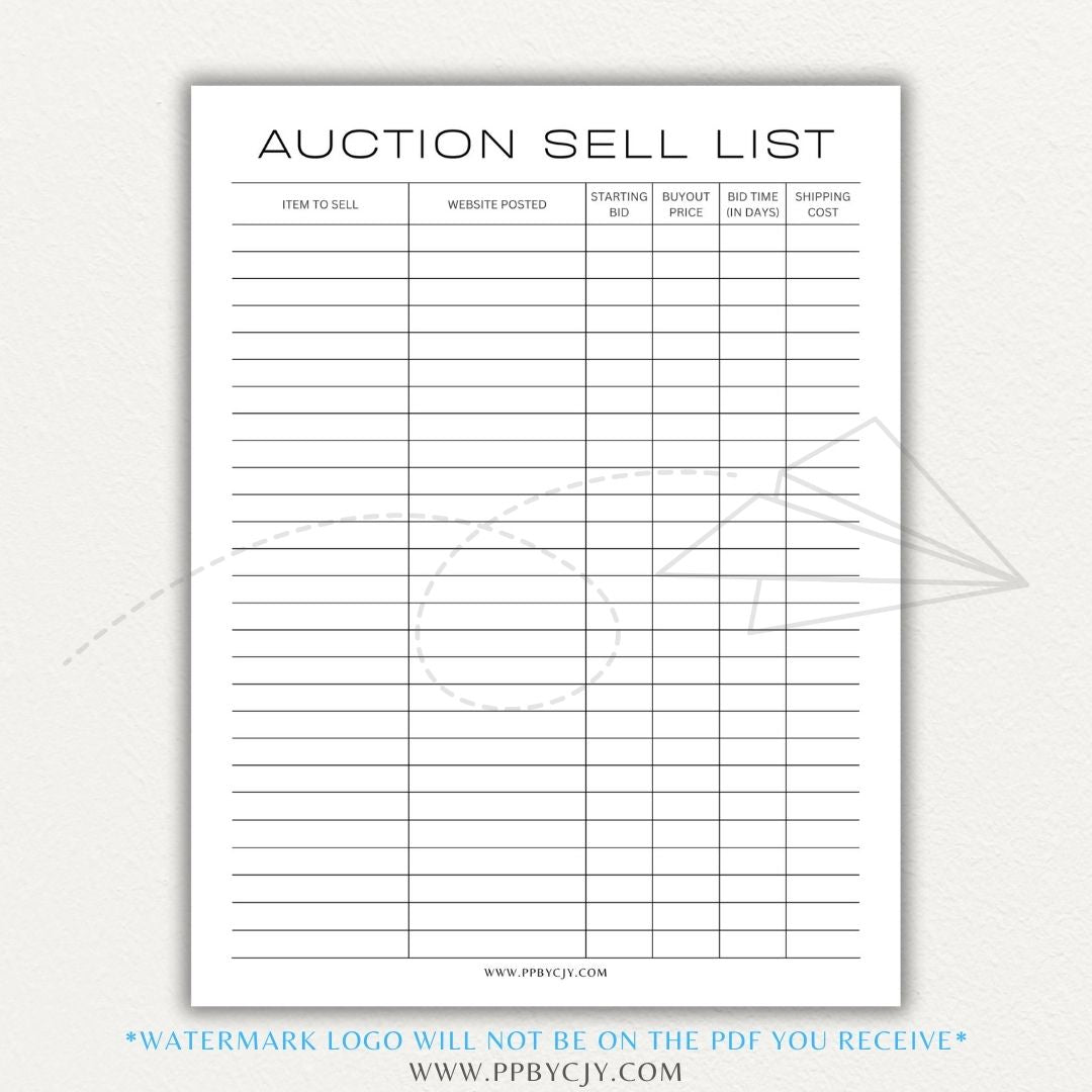 Auction Sell List Printable PDF Template featuring item descriptions, starting bids, final prices, and buyer details.

