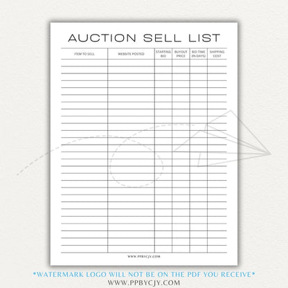 Auction Sell List Printable PDF Template featuring item descriptions, starting bids, final prices, and buyer details.

