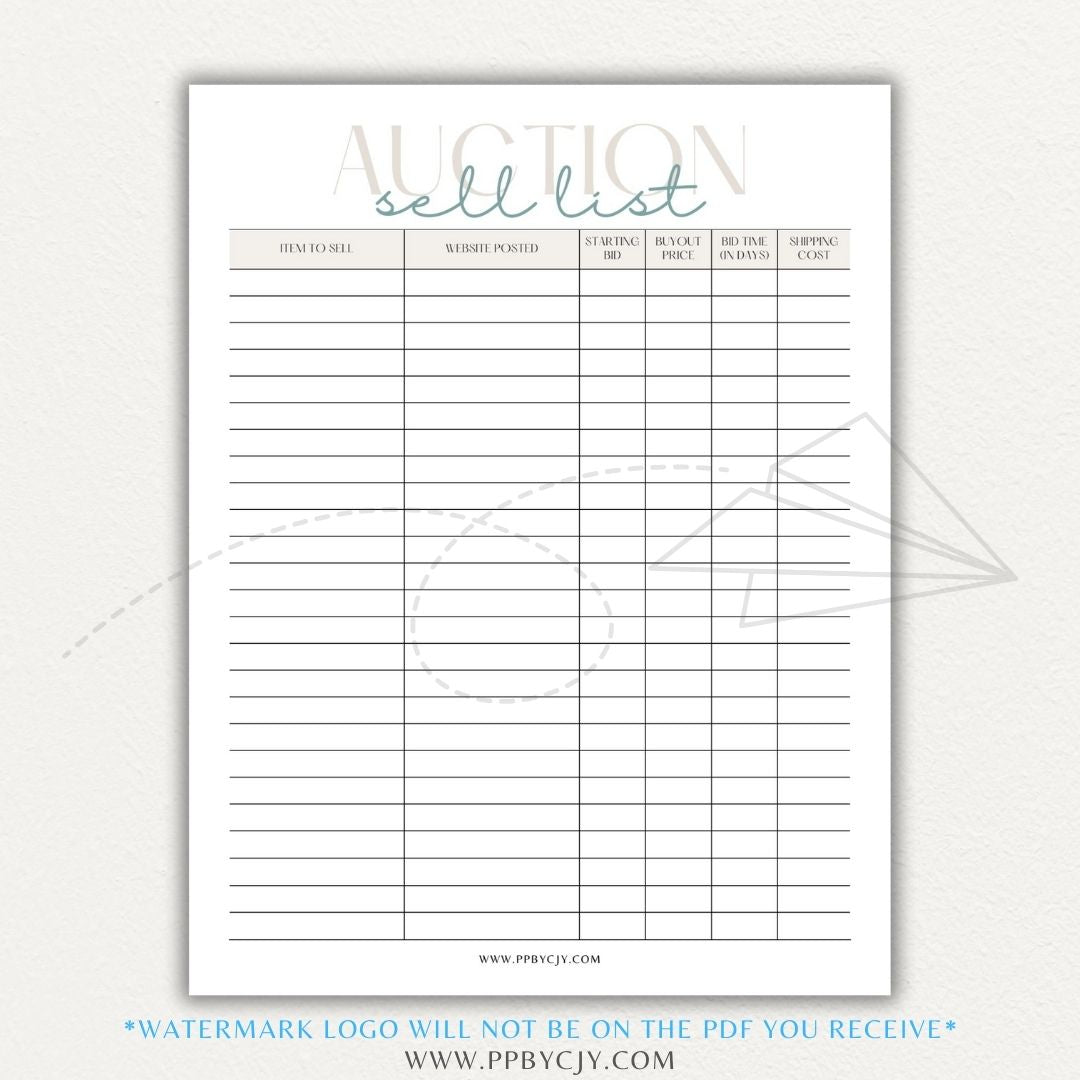 Auction Sell List Printable PDF Template featuring item descriptions, starting bids, final prices, and buyer details.

