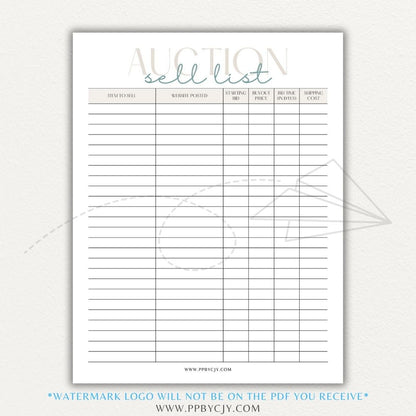 Auction Sell List Printable PDF Template featuring item descriptions, starting bids, final prices, and buyer details.

