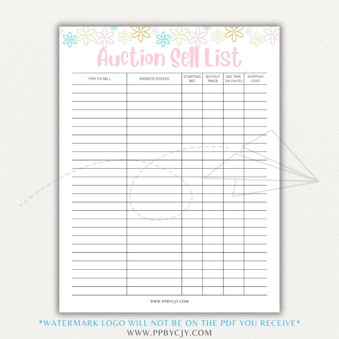 Auction Sell List Printable PDF Template featuring item descriptions, starting bids, final prices, and buyer details.

