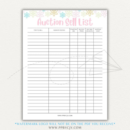 Auction Sell List Printable PDF Template featuring item descriptions, starting bids, final prices, and buyer details.

