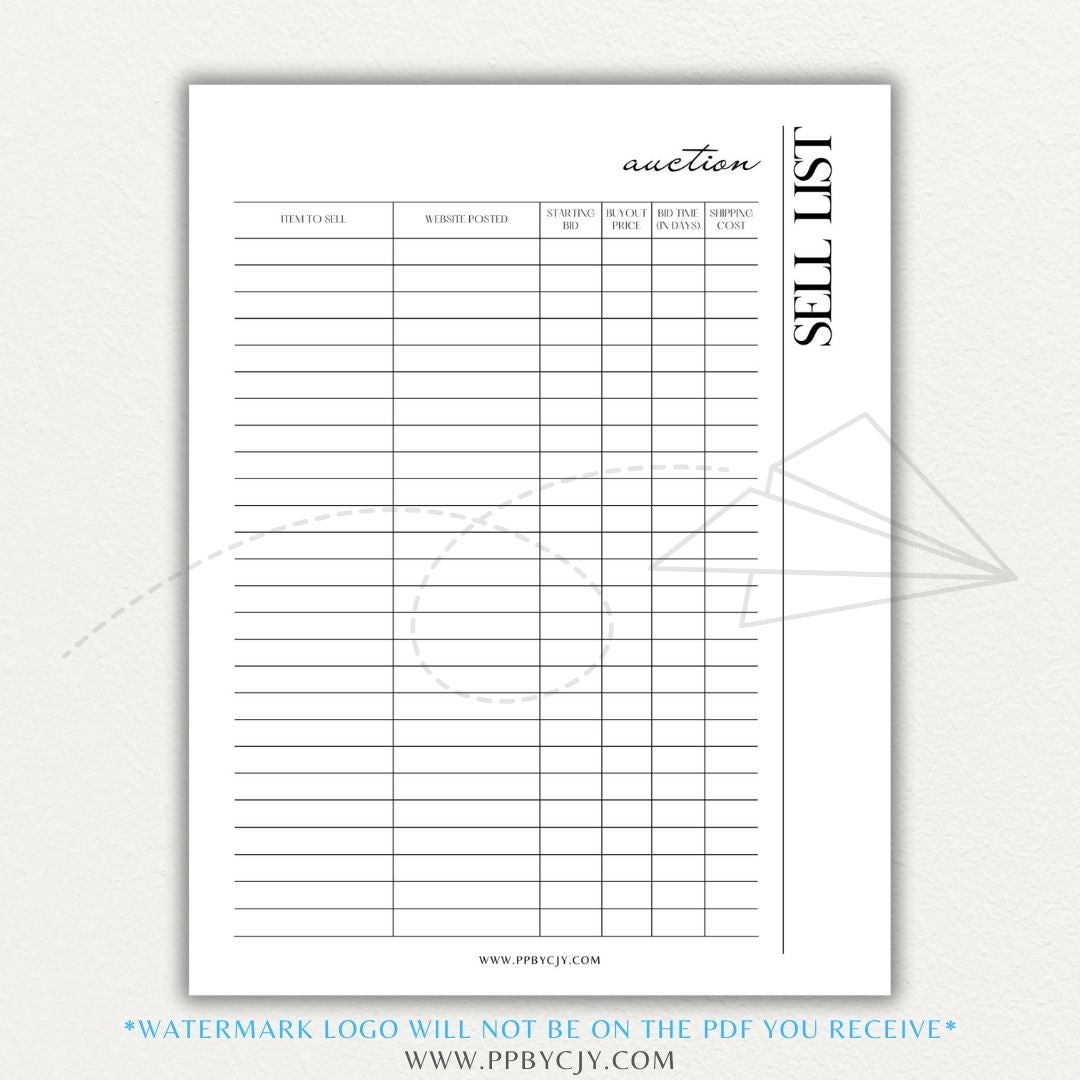 Auction Sell List Printable PDF Template featuring item descriptions, starting bids, final prices, and buyer details.

