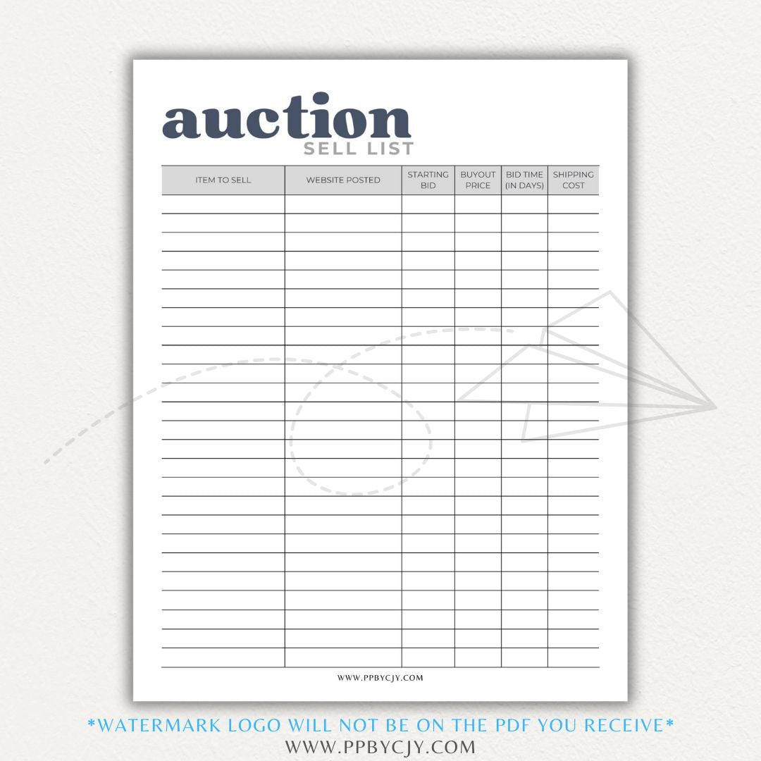 Auction Sell List Printable PDF Template featuring item descriptions, starting bids, final prices, and buyer details.

