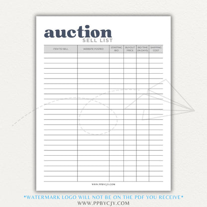 Auction Sell List Printable PDF Template featuring item descriptions, starting bids, final prices, and buyer details.

