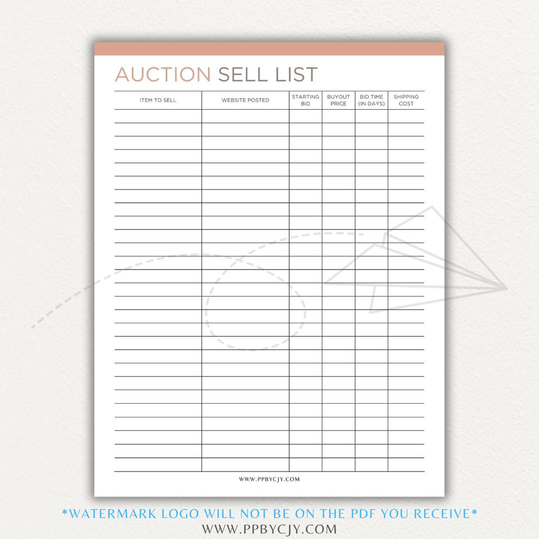 Auction Sell List Printable PDF Template featuring item descriptions, starting bids, final prices, and buyer details.

