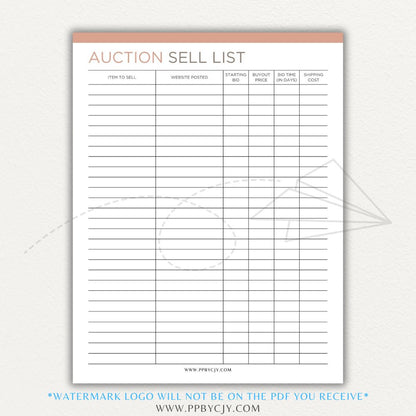 Auction Sell List Printable PDF Template featuring item descriptions, starting bids, final prices, and buyer details.

