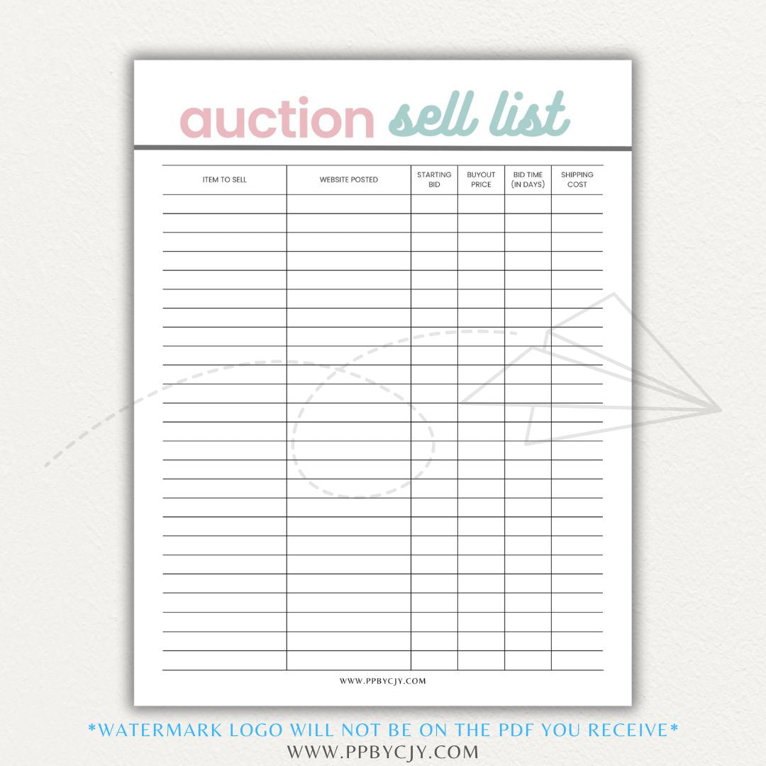 Auction Sell List Printable PDF Template featuring item descriptions, starting bids, final prices, and buyer details.

