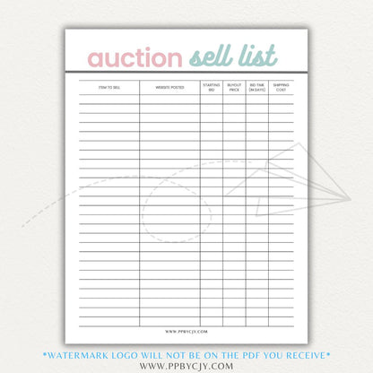 Auction Sell List Printable PDF Template featuring item descriptions, starting bids, final prices, and buyer details.

