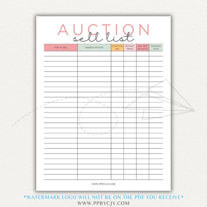 Auction Sell List Printable PDF Template featuring item descriptions, starting bids, final prices, and buyer details.

