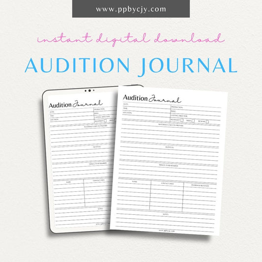 Audition Journal Printable Template featuring sections for audition details, character notes, feedback, wardrobe choices, and personal reflections.

