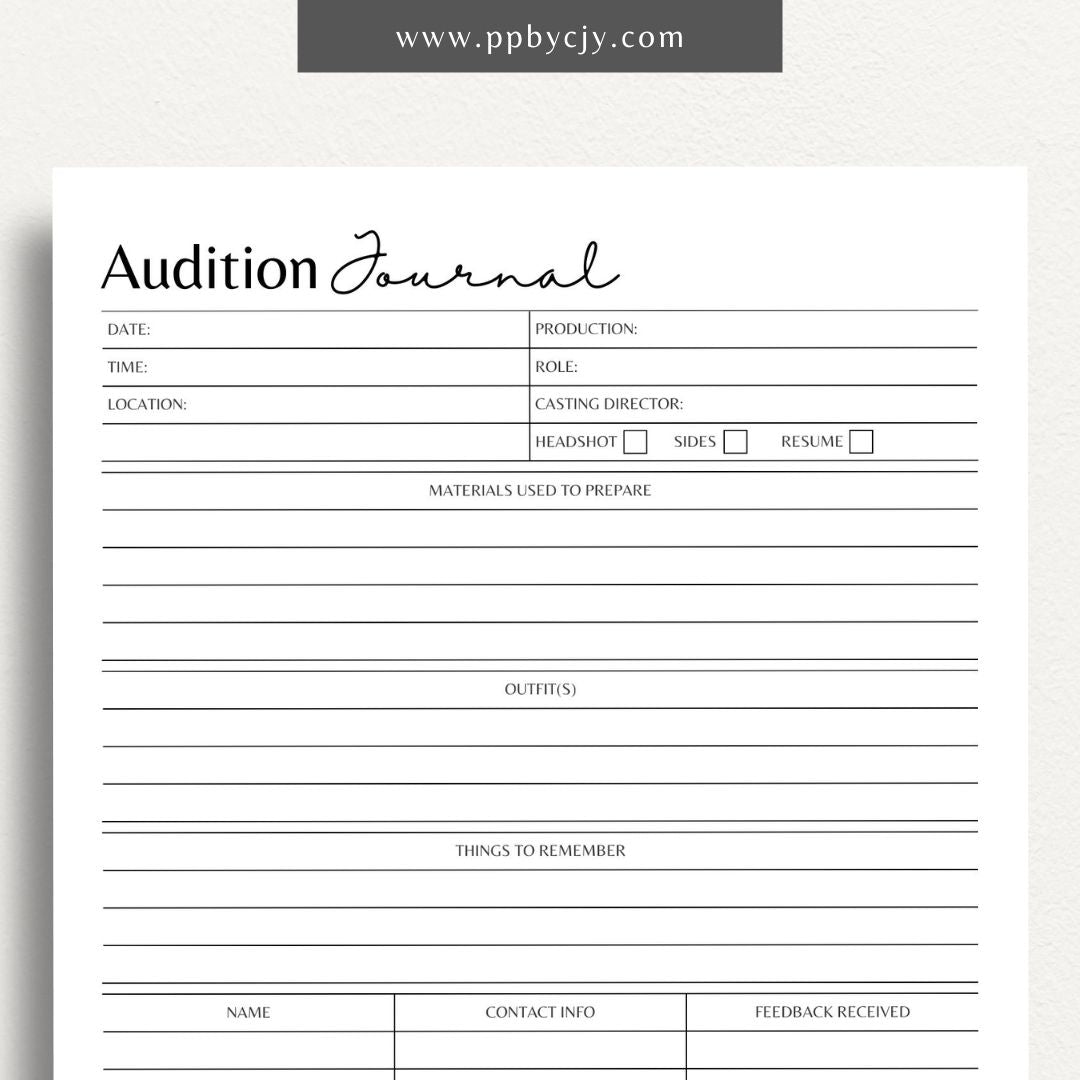 Audition Journal Printable Template featuring sections for audition details, character notes, feedback, wardrobe choices, and personal reflections.

