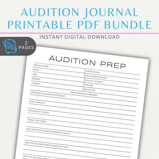 Audition Journal Printable PDF Template Bundle with Prep Sheet and Audition Tracker for Performers