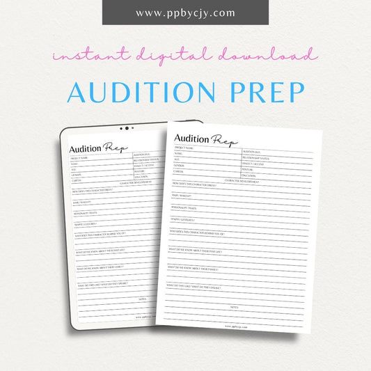 Audition Prep Sheet Printable PDF Template for actors and performers

