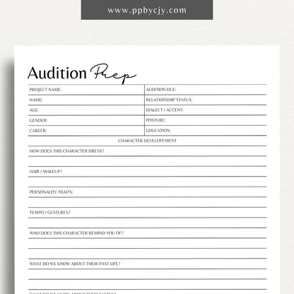 Audition Prep Sheet Printable PDF Template for actors and performers

